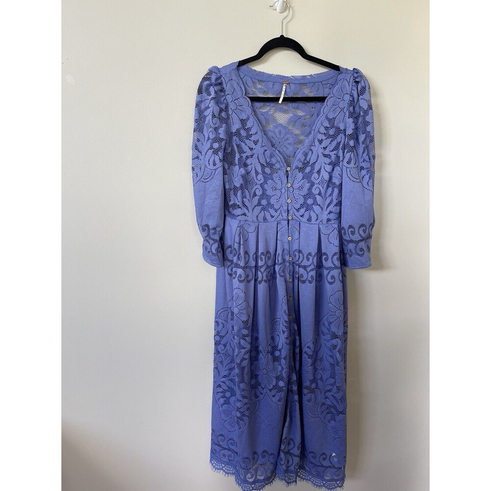 Free People Shadow Dance Midi Dress Persian Jewel Blue Lace Stretch Sz S New View 3